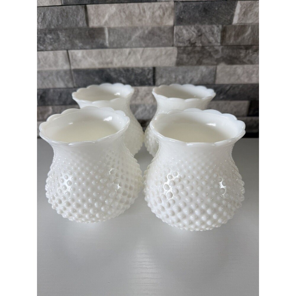4 White 1960’s Milk Glass Hobnail Hurricane Chandelier Light Lamp Globe